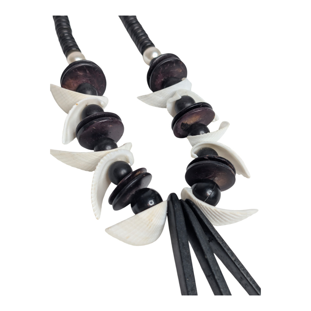 Tribal‎ Statement Necklace 15in Wood Shell Spike Beads Boho Ethnic Black White - Picture 4 of 7
